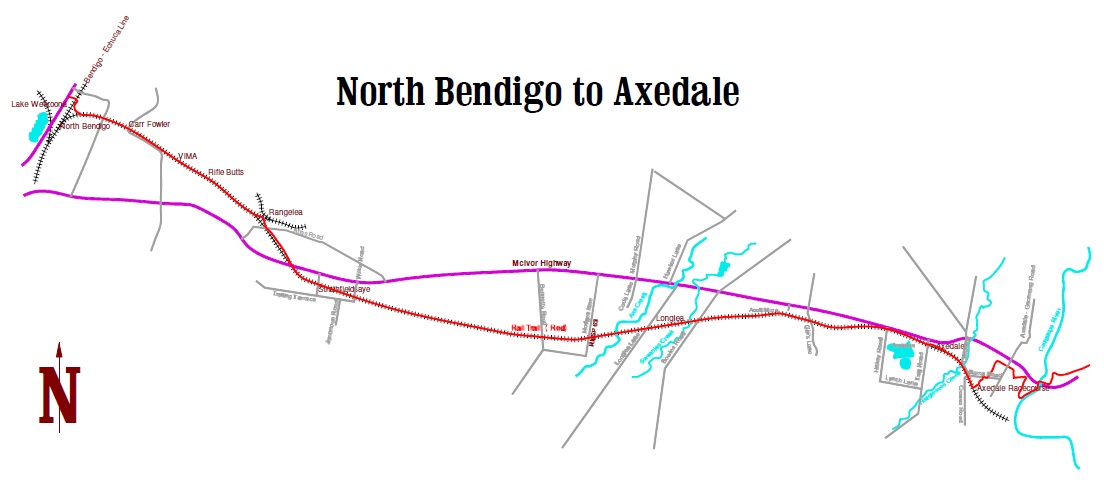 Representative diagram of the O'Keefe Rail Trail from Nth Bendigo to Axedale.